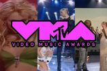 Collage de Britney Spears, Madonna, Kanye West y Taylor Swift durante los premios MTV, con el logotipo de los VMAs.