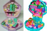 Comparación de Polly Pocket con una casa clásica rosa y verde a la izquierda y un estuche submarino turquesa a la derecha.