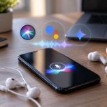 Celular con asistente de voz junto a audífonos con cable y Bluetooth.