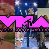 Collage de Britney Spears, Madonna, Kanye West y Taylor Swift durante los premios MTV, con el logotipo de los VMAs.