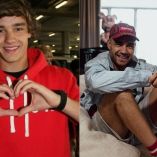 Comparativa de Liam Payne joven con sudadera roja formando un corazón con las manos y de adulto con gorra roja sentado y sonriendo.