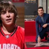 Comparativa de Zac Efron como Troy Bolton con uniforme rojo de Wildcats y en traje azul junto a su estrella en Hollywood.