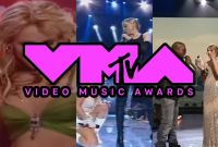 Collage de Britney Spears, Madonna, Kanye West y Taylor Swift durante los premios MTV, con el logotipo de los VMAs.
