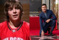 Comparativa de Zac Efron como Troy Bolton con uniforme rojo de Wildcats y en traje azul junto a su estrella en Hollywood.