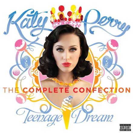 Portada de Teenage Dream The Complete Confection de Katy Perry, con cabello negro, corona de dulces y fondo blanco colorido.