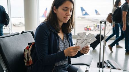 Pasajera revisa sus boletos de avión en un aeropuerto antes de viajar con su equipaje.