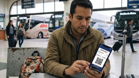 Pasajero revisa su boleto digital en el celular mientras espera en una terminal de autobuses.