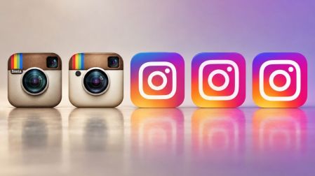 Evolución del logotipo de Instagram con antiguos iconos de cámara y versiones actuales con degradado de colores.
