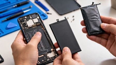 Manos sosteniendo un celular abierto, una batería nueva y otra deteriorada sobre una mesa con herramientas de reparación.