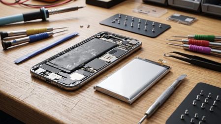 Celular abierto con batería expuesta, repuesto nuevo y herramientas de precisión sobre una mesa de reparación.
