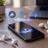 Celular con asistente de voz junto a audífonos con cable y Bluetooth.