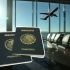 Dos pasaportes mexicanos en primer plano, con un avión despegando al fondo de una sala de espera de aeropuerto.
