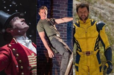Collage de Hugh Jackman en El gran showman, sobre un escenario teatral y caracterizado como Wolverine con traje amarillo.