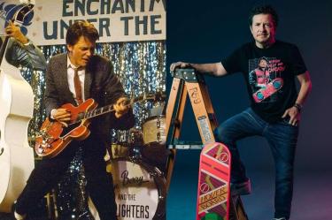 Michael J. Fox como Marty McFly toca la guitarra en Volver al futuro, junto a una fotografía actual del actor con una patineta.