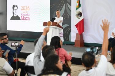 Claudia Sheinbaum Pardo, presidenta de México, encabezó la conferencia mañanera del Pueblo desde la entidad portuaria. FOTO: PRESIDENCIA/CUARTOSCURO.COM