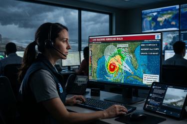 Pantalla de monitoreo meteorológico mostrando un mapa interactivo para seguir en vivo un huracán.