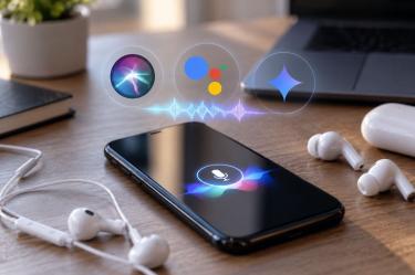Celular con asistente de voz junto a audífonos con cable y Bluetooth.
