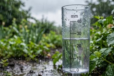 Una vista de primer plano de un pluviómetro de plástico transparente montado en un poste de madera en un jardín exuberante, con agua de lluvia acumulada midiendo aproximadamente 75 milímetros en la escala.