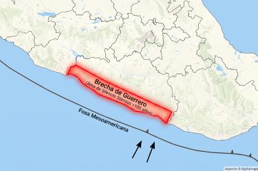 Un mapa topográfico de la costa del Pacífico de México, centrado en el estado de Guerrero. Una franja costera está resaltada en rojo brillante y contiene el texto 'Brecha de Guerrero' y '(Área de Silencio Sísmico >100 años)'. Mar adentro, la línea de falla está etiquetada como 'Fosa Mesoamericana', con flechas que indican el movimiento tectónico. Los límites de los estados vecinos son visibles.