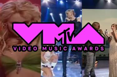 Collage de Britney Spears, Madonna, Kanye West y Taylor Swift durante los premios MTV, con el logotipo de los VMAs.