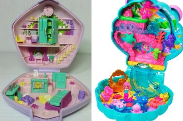 Comparación de Polly Pocket con una casa clásica rosa y verde a la izquierda y un estuche submarino turquesa a la derecha.