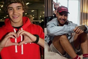 Comparativa de Liam Payne joven con sudadera roja formando un corazón con las manos y de adulto con gorra roja sentado y sonriendo.