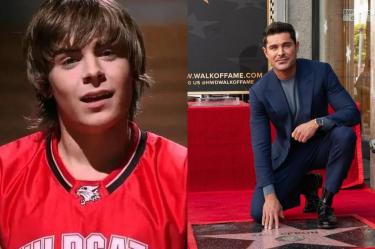 Comparativa de Zac Efron como Troy Bolton con uniforme rojo de Wildcats y en traje azul junto a su estrella en Hollywood.